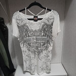 Harley-Davidson Women's Gray and White Winged Tee